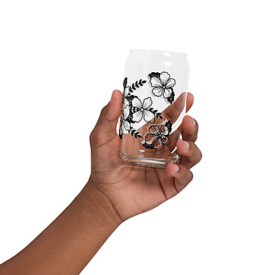 Floral Bouquet Can-Shaped Glass with Bamboo Lid & Straw – 16 oz