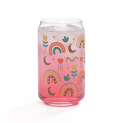 Cute Boho Can-Shaped Glass with Bamboo Lid & Glass Straw – 16 oz
