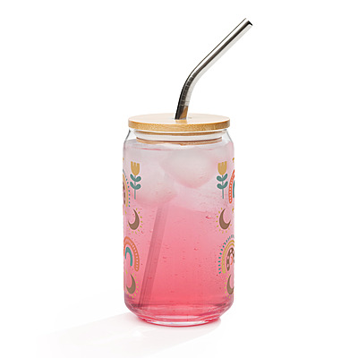 Cute Boho Can-Shaped Glass with Bamboo Lid & Glass Straw – 16 oz