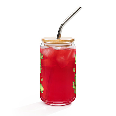 Cute Cactus & Succulent Can-Shaped Glass with Bamboo Lid & Straw – 16 oz