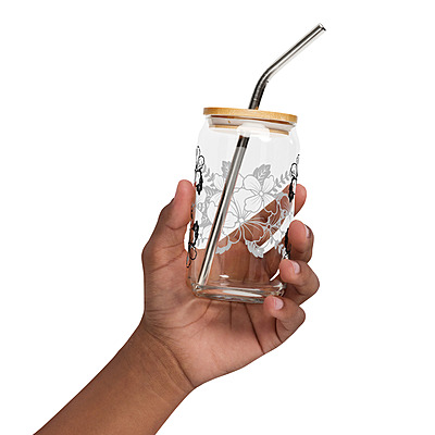 Floral Bouquet Can-Shaped Glass with Bamboo Lid & Straw – 16 oz
