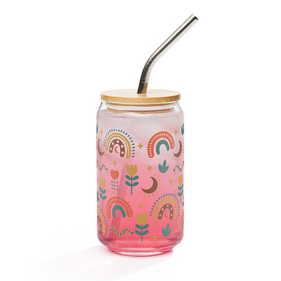 Cute Boho Can-Shaped Glass with Bamboo Lid & Glass Straw – 16 oz