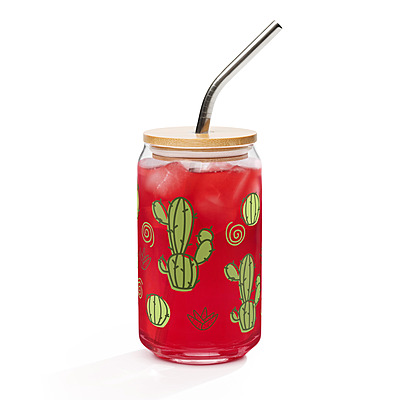 Cute Cactus & Succulent Can-Shaped Glass with Bamboo Lid & Straw – 16 oz