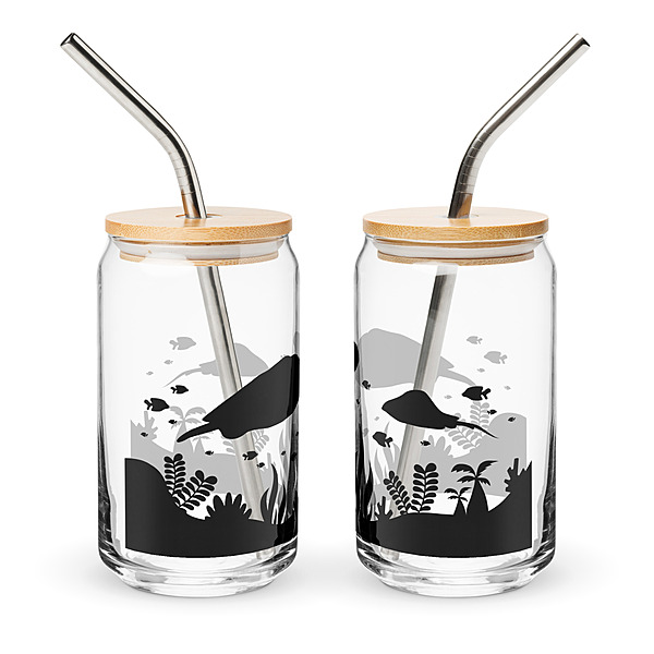 Underwater Scene Can-Shaped Glass with Bamboo Lid & Straw – 16 oz