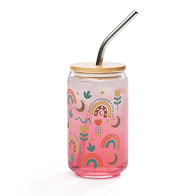 Cute Boho Can-Shaped Glass with Bamboo Lid & Glass Straw – 16 oz