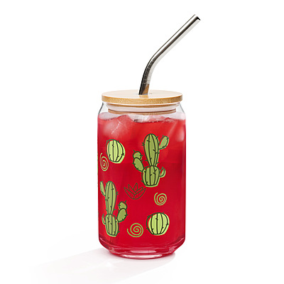 Cute Cactus & Succulent Can-Shaped Glass with Bamboo Lid & Straw – 16 oz