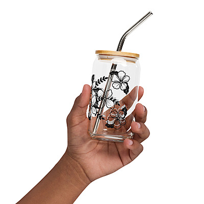 Floral Bouquet Can-Shaped Glass with Bamboo Lid & Straw – 16 oz