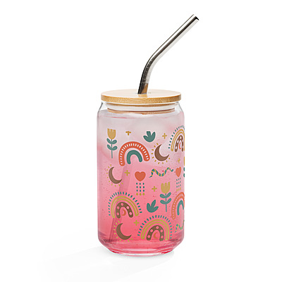 Cute Boho Can-Shaped Glass with Bamboo Lid & Glass Straw – 16 oz