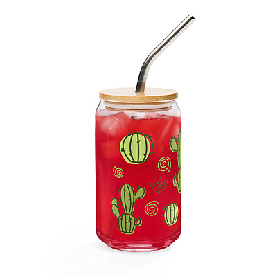 Cute Cactus & Succulent Can-Shaped Glass with Bamboo Lid & Straw – 16 oz