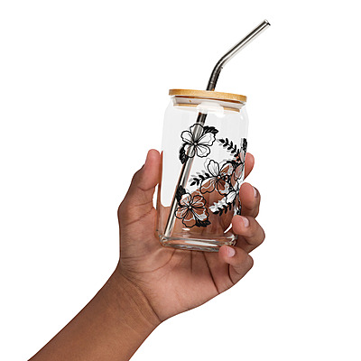 Floral Bouquet Can-Shaped Glass with Bamboo Lid & Straw – 16 oz