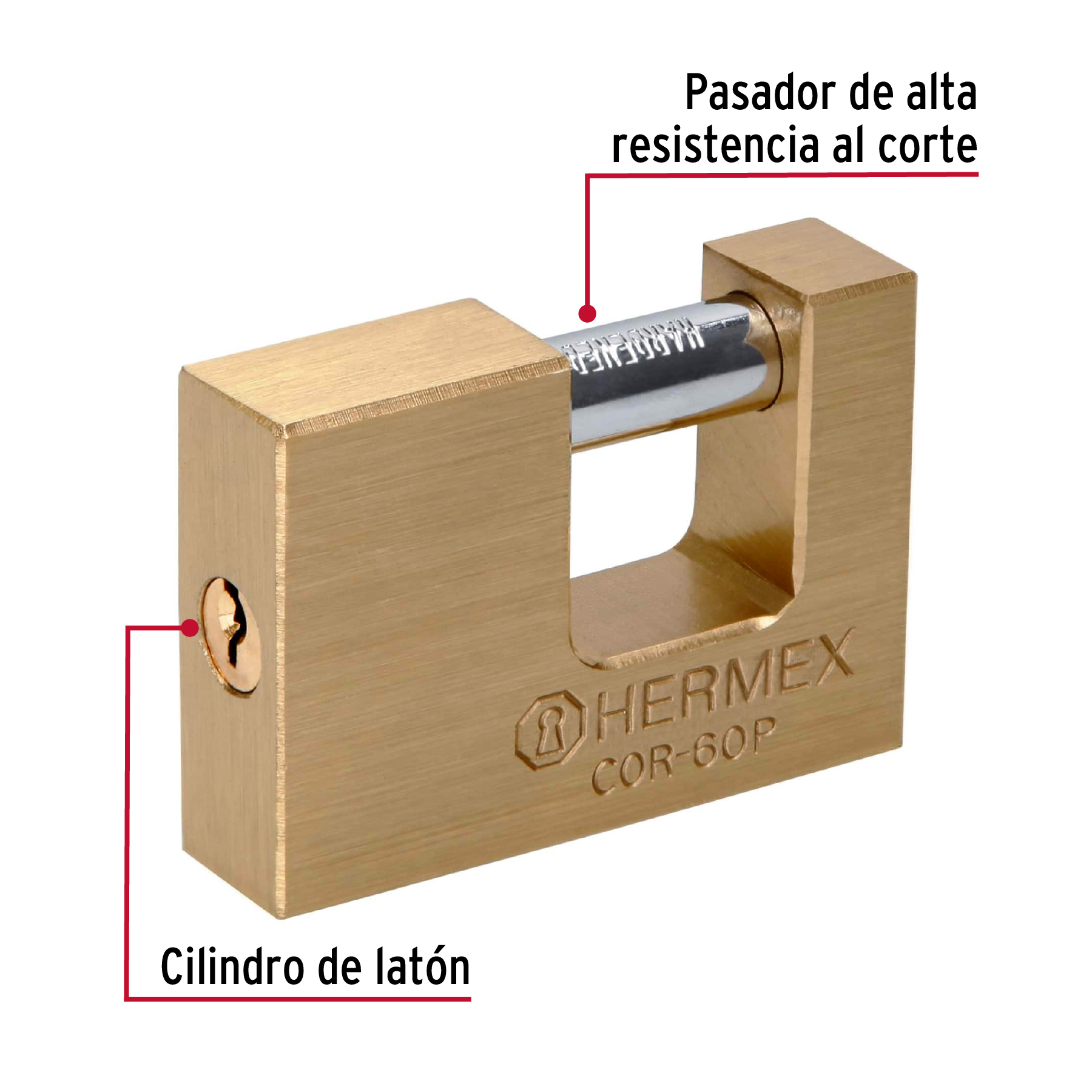 Candado antipalanca, 60mm, cuerpo de latón, Hermex Basic - COR-60P / 22518