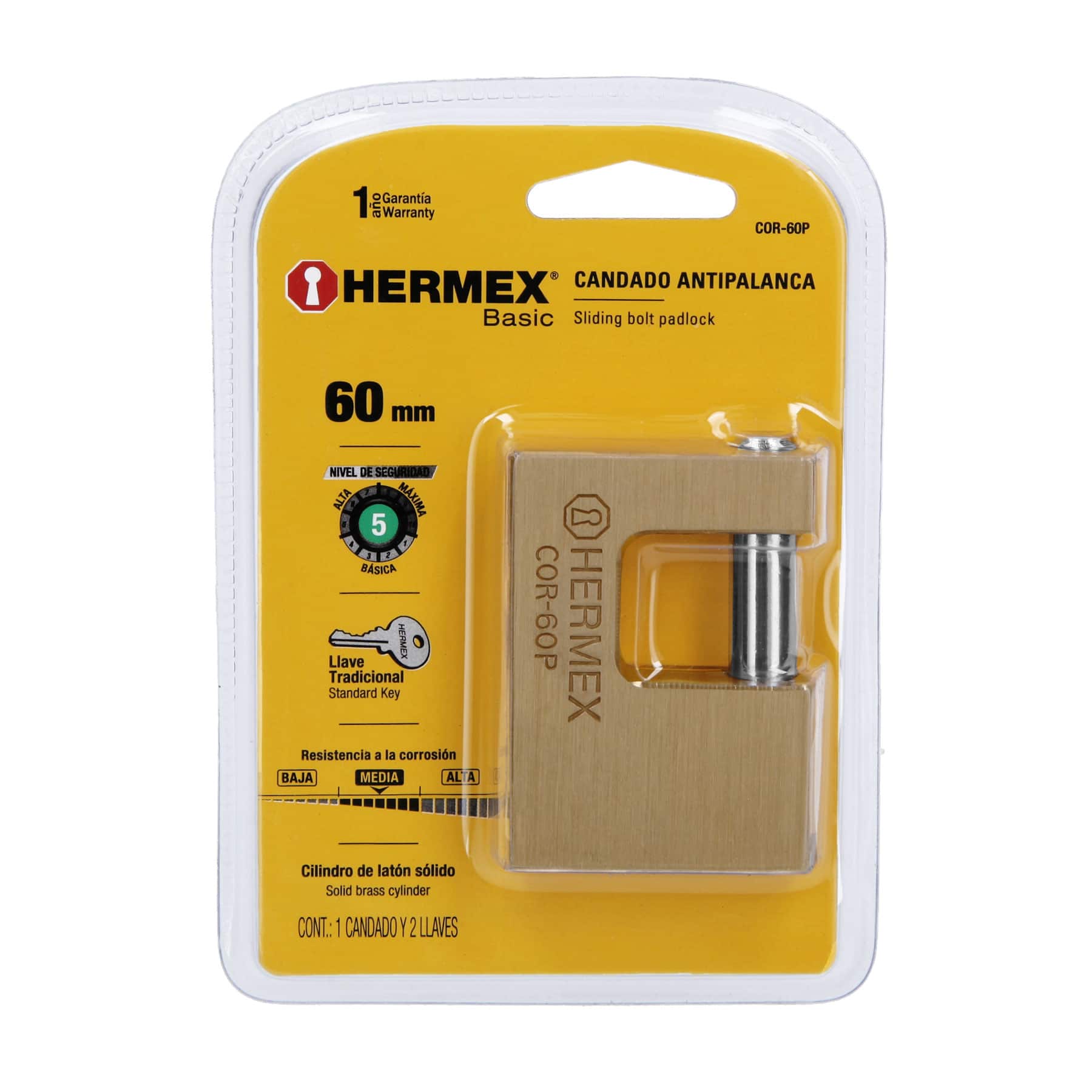 Candado antipalanca, 60mm, cuerpo de latón, Hermex Basic - COR-60P / 22518