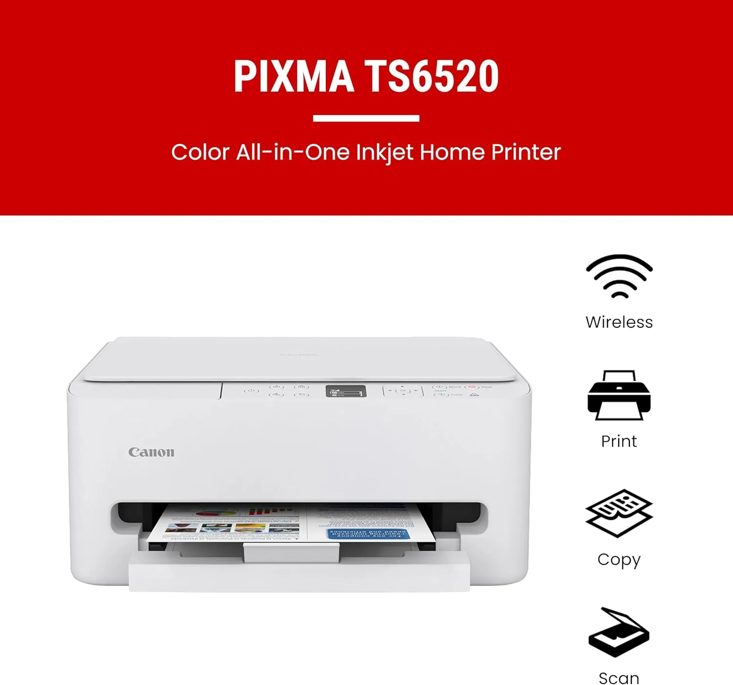 Canon PIXMA TS6520 Wireless Color Inkjet Printer for Duplex Printing, White – Home Printer with Copier/Scanner, 1.42” OLED Display, Intuitive Control Panel, Compact Design