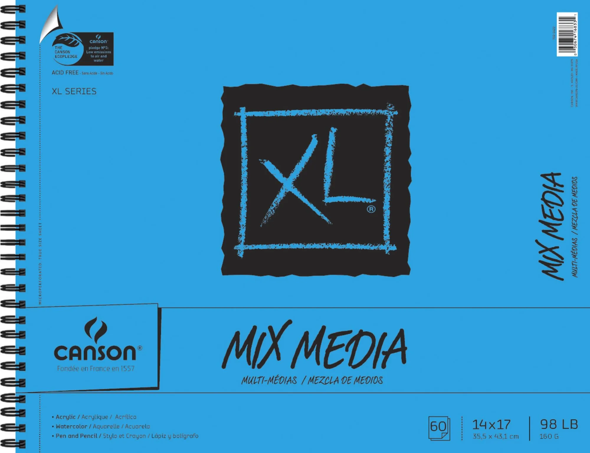 Canson XL Series Mixed Media Pad, Side Wire, 14x17 inches, 60 Sheets – Heavyweight Art Paper for Watercolor, Gouache, Marker, Painting, Drawing, Sketching 14x17 Mixed Media Side Wire