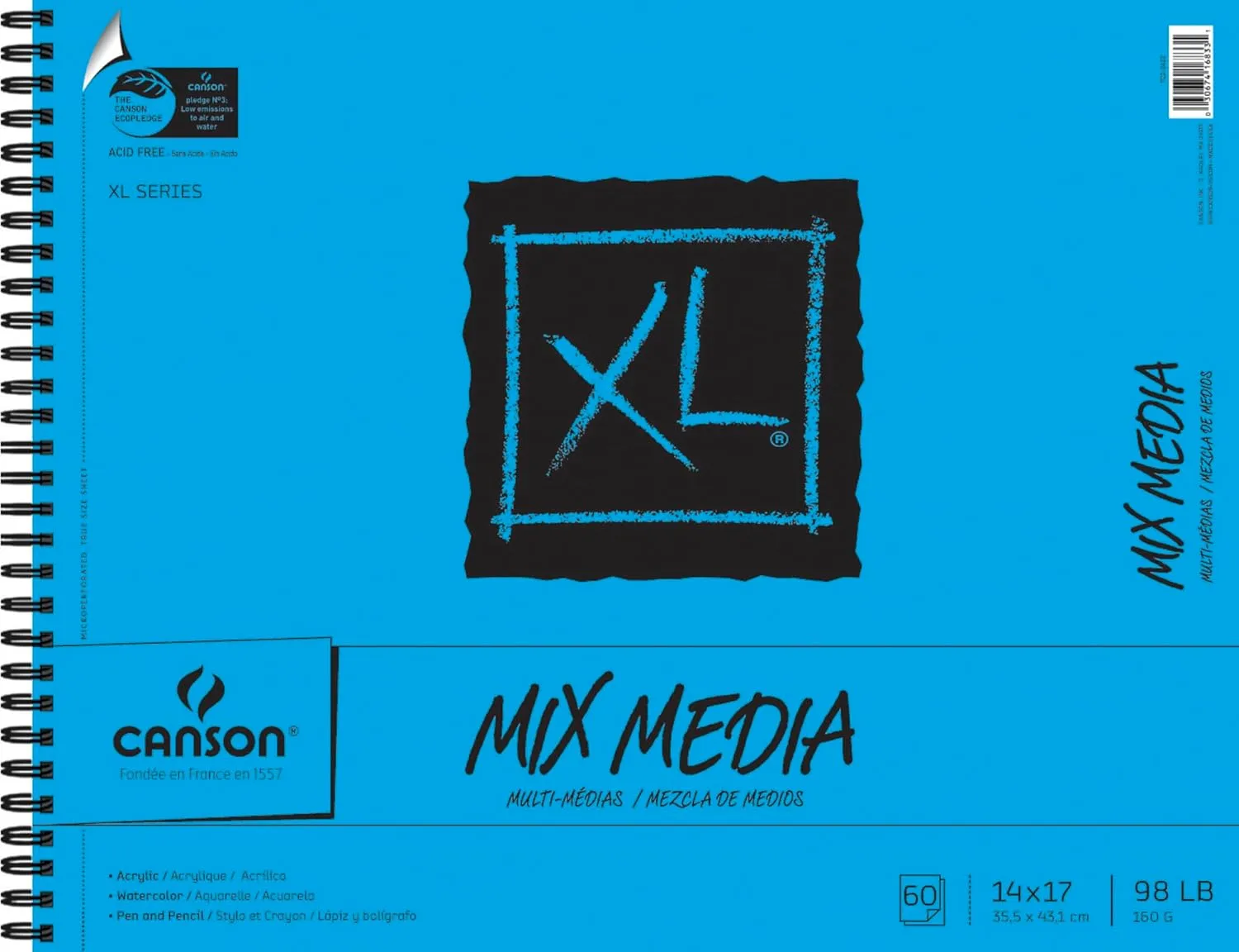 Canson XL Series Mixed Media Pad, Side Wire, 14x17 inches, 60 Sheets – Heavyweight Art Paper for Watercolor, Gouache, Marker, Painting, Drawing, Sketching 14x17 Mixed Media Side Wire