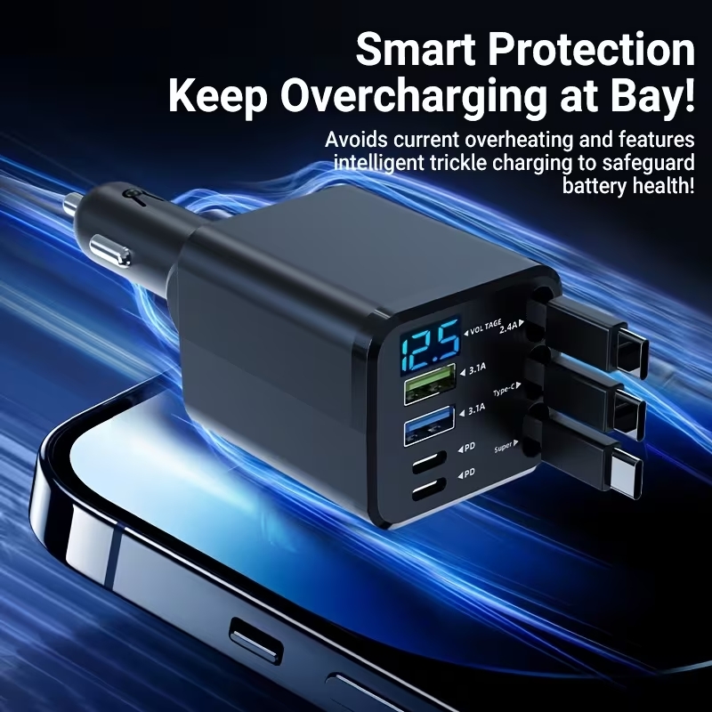 7 in 1 Multi- port Fast Car Charger with Retractable/Built-in Cables & Digital Voltage Display