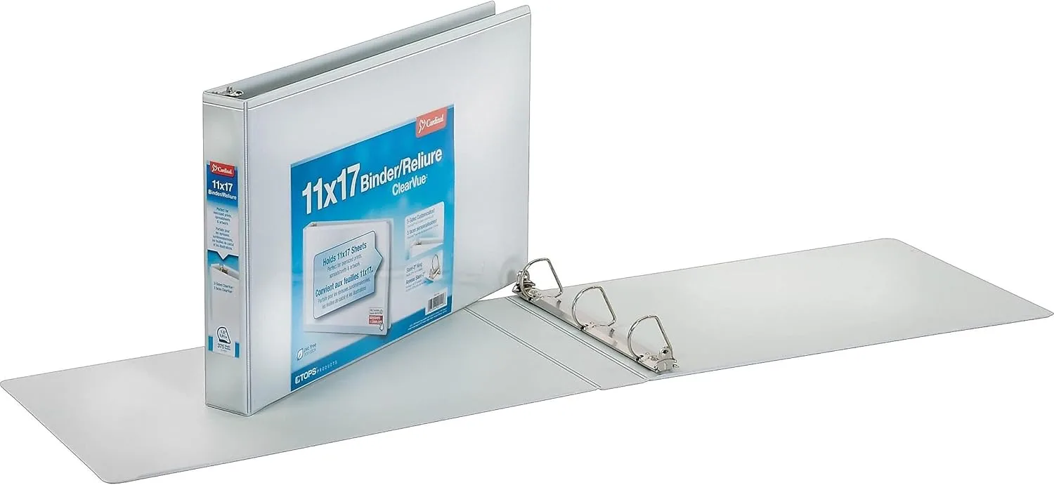 CARDINAL ClearVue Slant-D D-Ring Tabloid Binder, 11 x 17, White