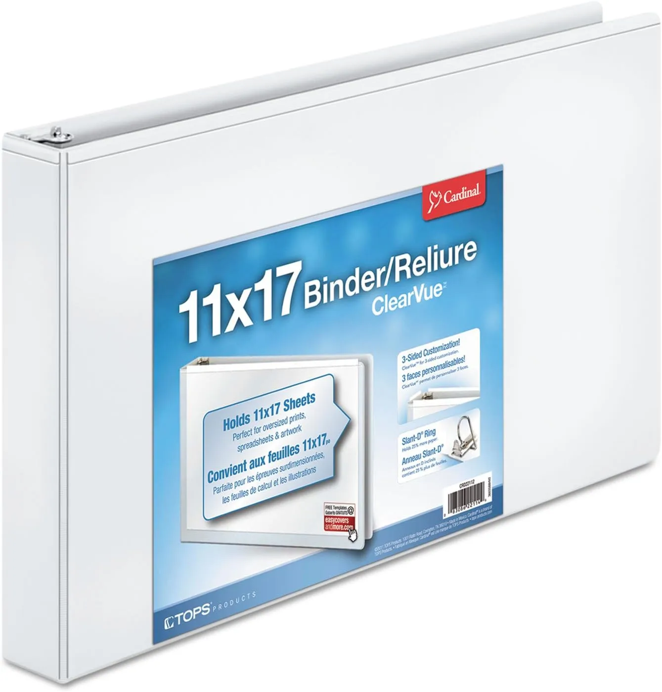 CARDINAL ClearVue Slant-D D-Ring Tabloid Binder, 11 x 17, White