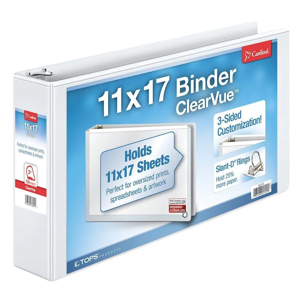 CARDINAL ClearVue Slant-D D-Ring Tabloid Binder, 11 x 17, White