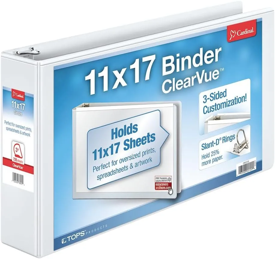 CARDINAL ClearVue Slant-D D-Ring Tabloid Binder, 11 x 17, White