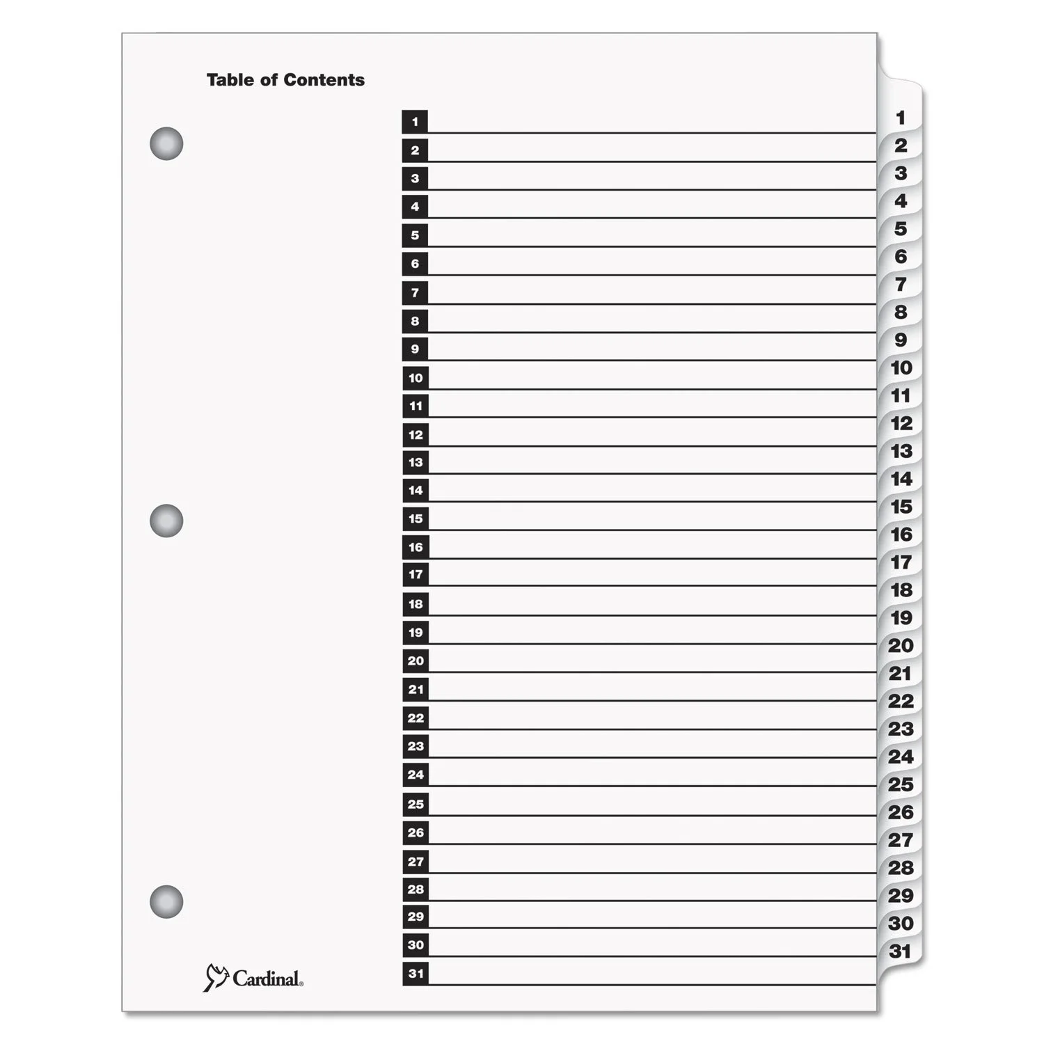 Cardinal 60113 Traditional OneStep Index System 31-Tab 1-31 Letter White 31/Set