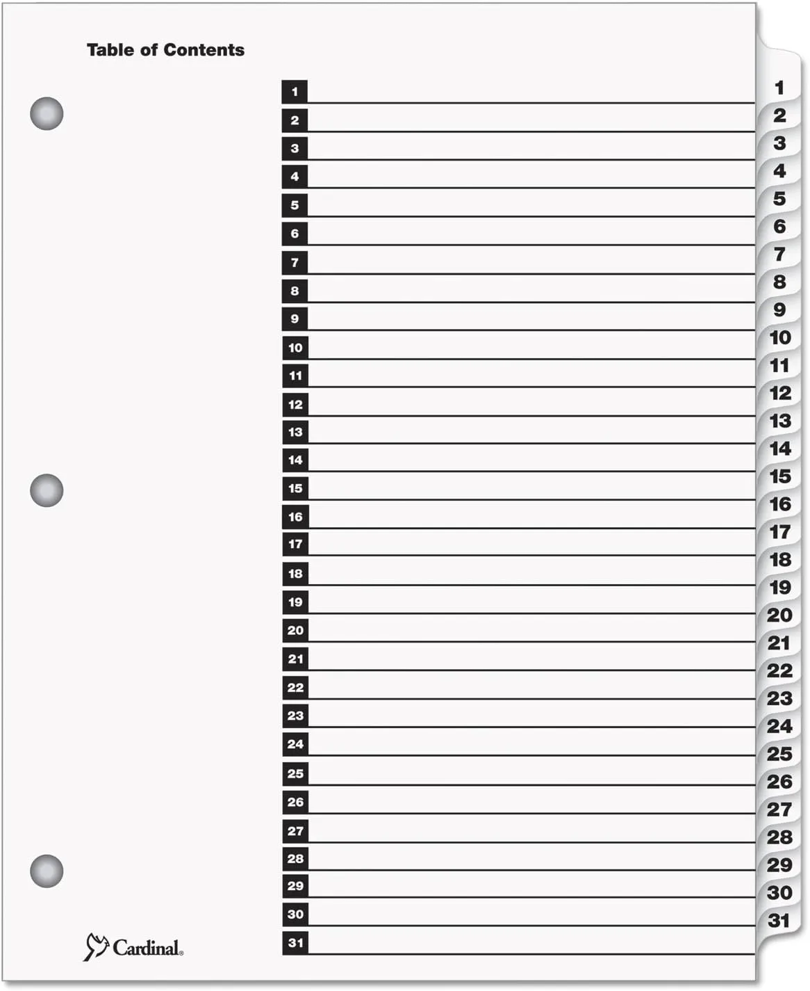 Cardinal 60113 Traditional OneStep Index System 31-Tab 1-31 Letter White 31/Set