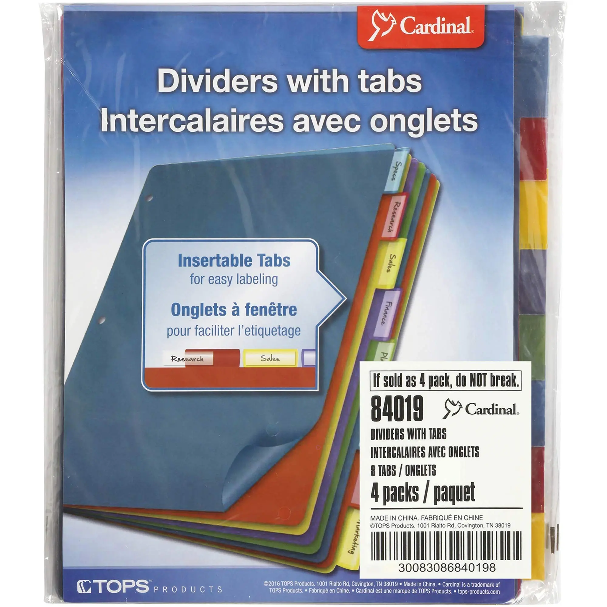 Cardinal 84019 Poly Index Dividers, Letter, Multicolor, 8-Tabs/Set, 4 Sets/Pack 8-1/2 x 11