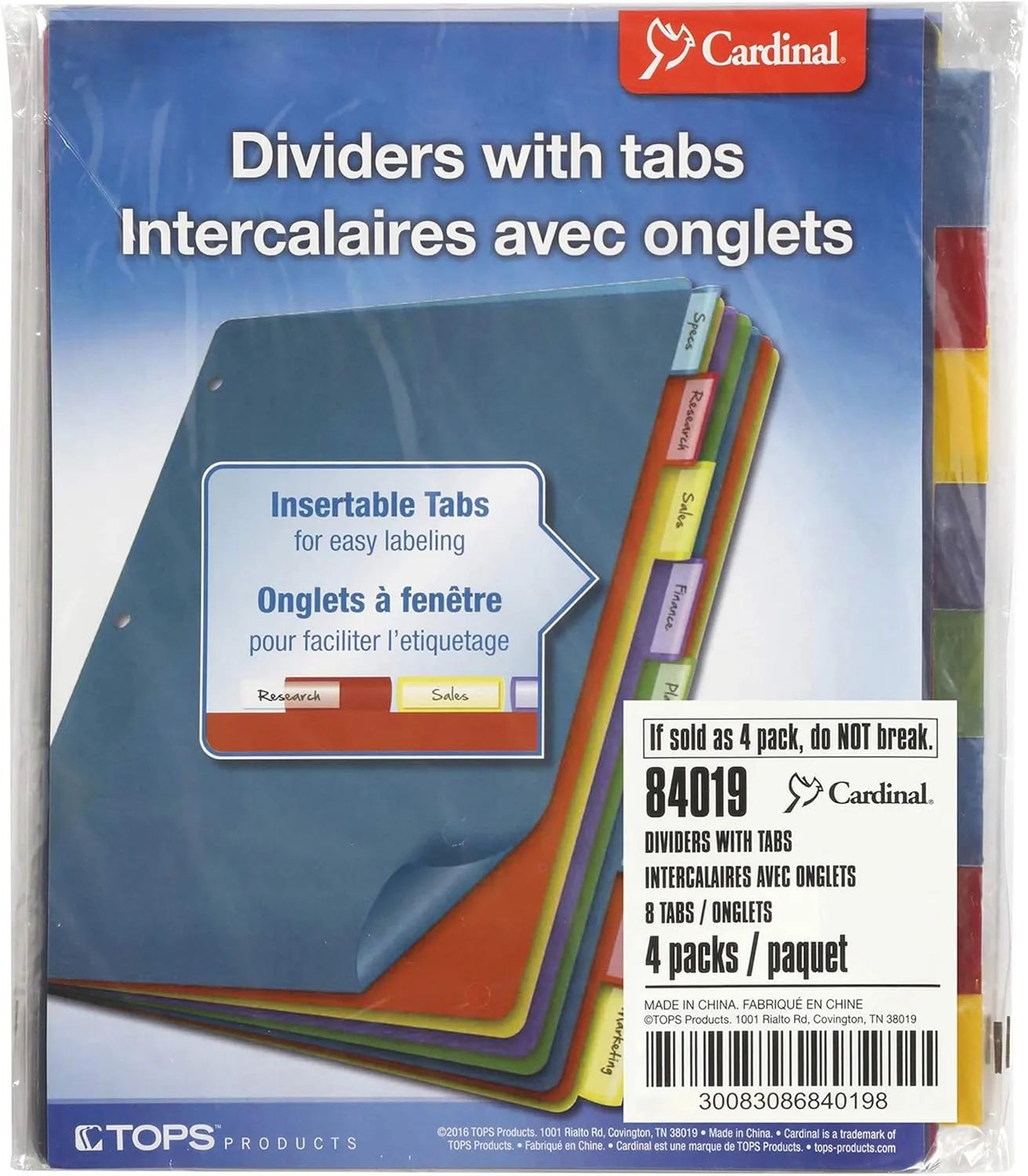 Cardinal 84019 Poly Index Dividers, Letter, Multicolor, 8-Tabs/Set, 4 Sets/Pack 8-1/2 x 11
