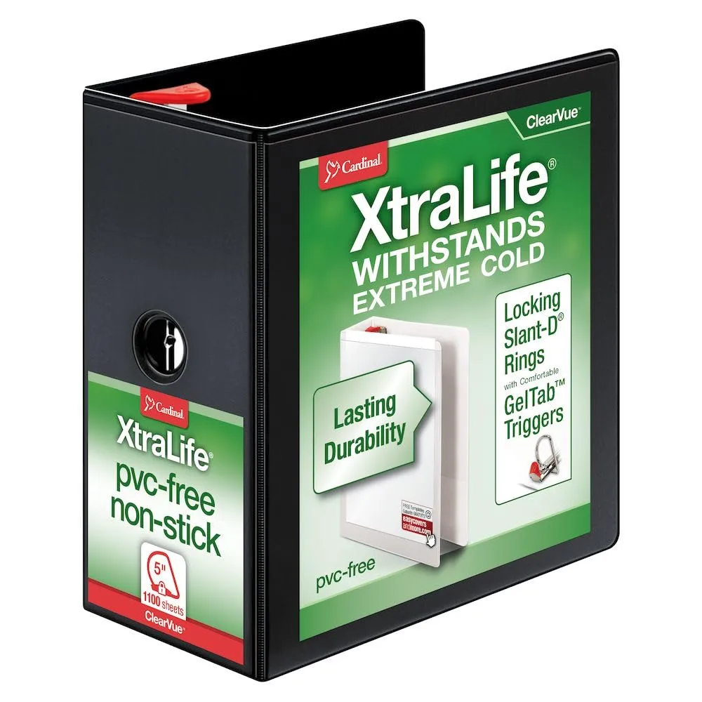Cardinal XtraLife ClearVue 3-Ring Locking Slant-D Binder, 5 Inch, 11 x 8.5, Black