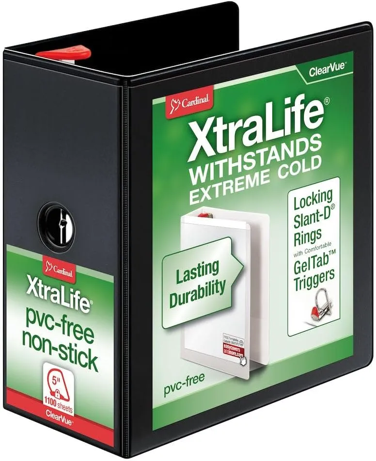 Cardinal XtraLife ClearVue 3-Ring Locking Slant-D Binder, 5 Inch, 11 x 8.5, Black