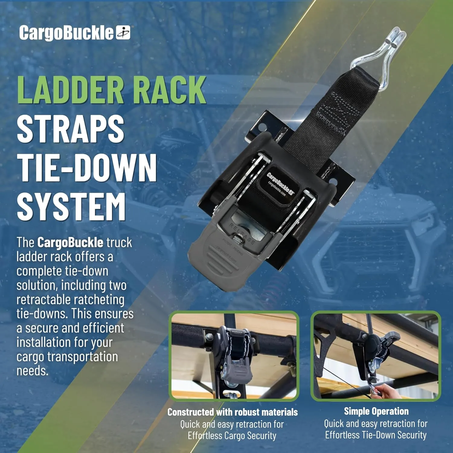 CargoBuckle F18816 Ladder Rack Tie-Down System, Square Mount Self Retracting Ratchet Straps for Trucks