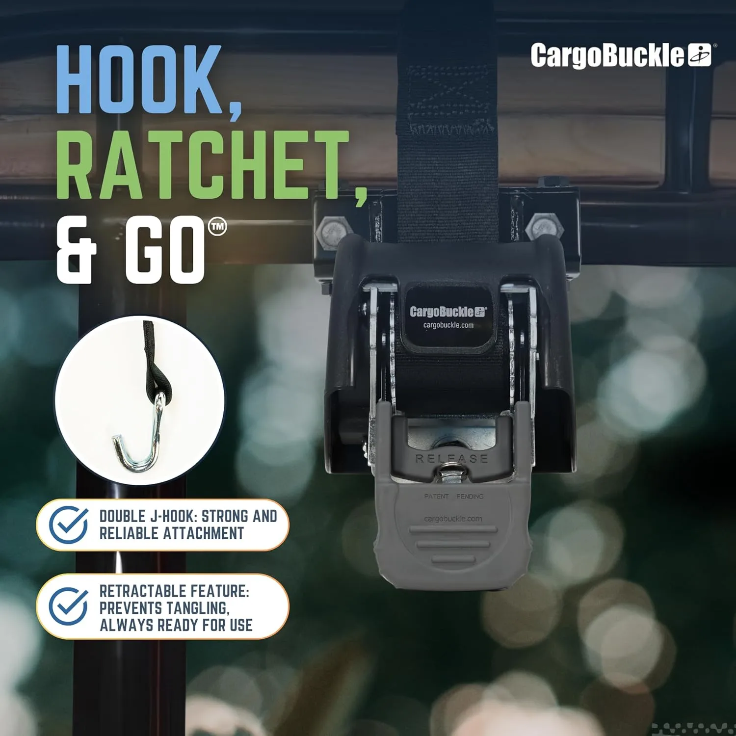 CargoBuckle F18816 Ladder Rack Tie-Down System, Square Mount Self Retracting Ratchet Straps for Trucks