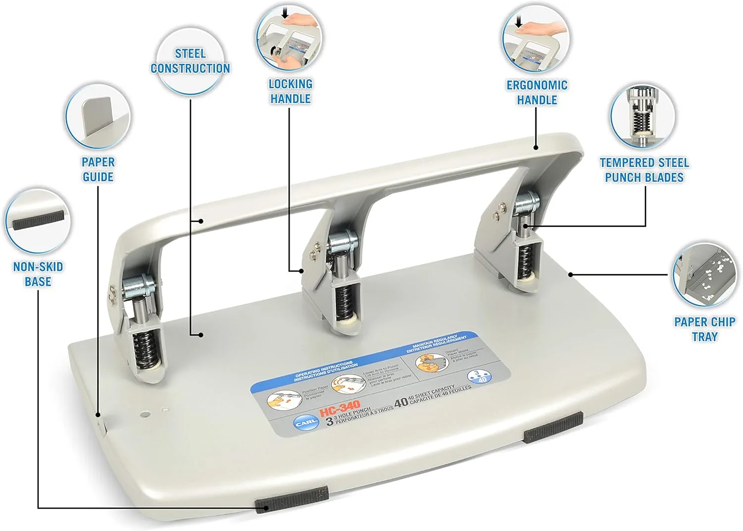 CARL HC-340 Medium-Duty 3-Hole Paper Punch, 40-Sheet Capacity, Metallic Gray