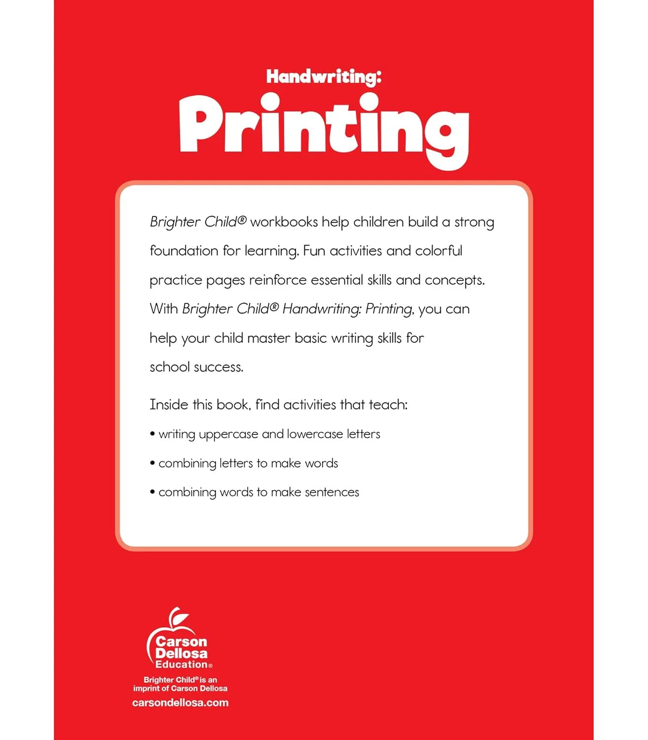 Carson Dellosa K-2 Printing Handwriting Workbook, Writing Book for Kindergarten