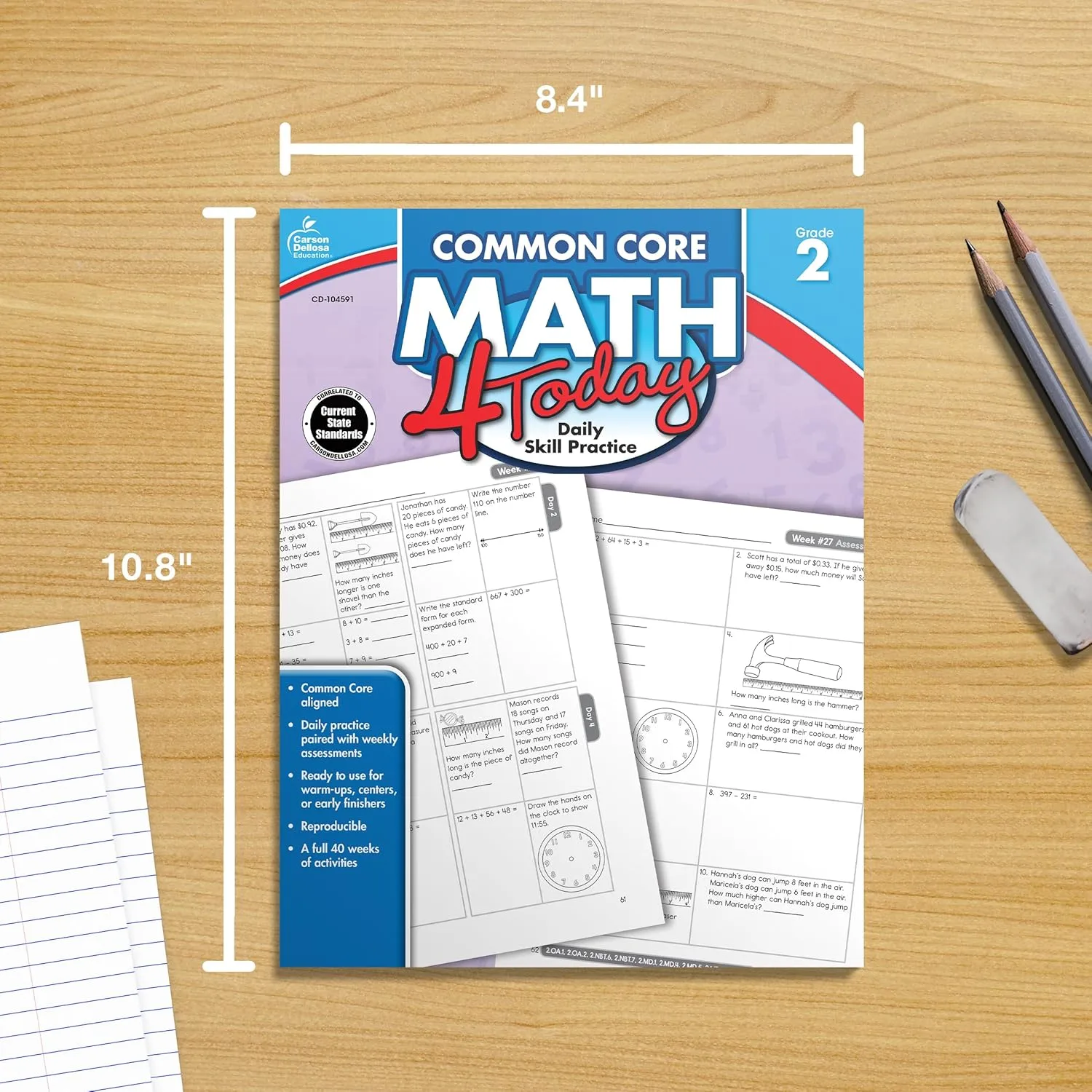 Carson Dellosa Common Core Math 4 Today Second Grade Workbook, Telling Time, Fractions, Addition, Subtraction