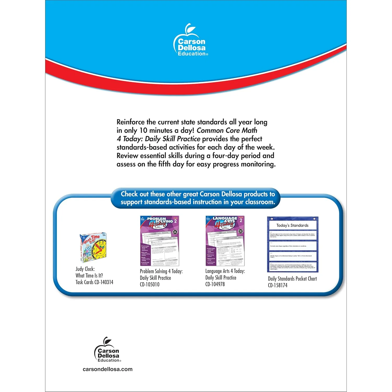 Carson Dellosa Common Core Math 4 Today Second Grade Workbook, Telling Time, Fractions, Addition, Subtraction