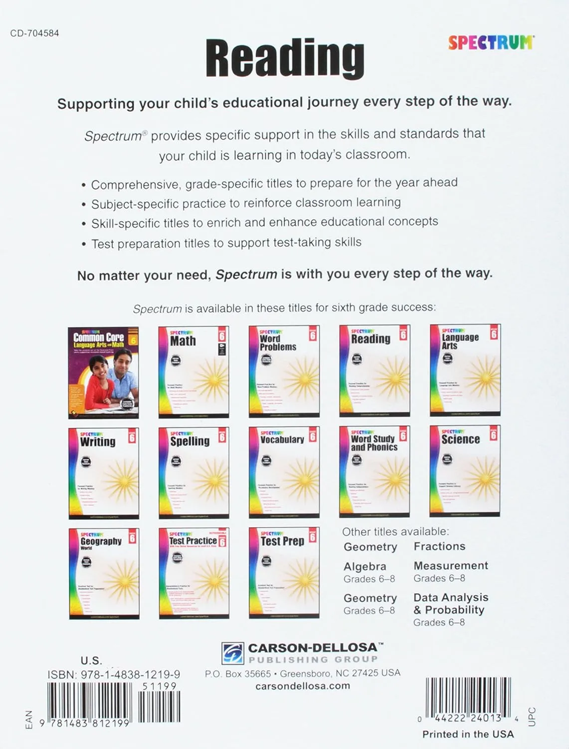 Carson-Dellosa Spectrum Reading Workbook, Grade 6