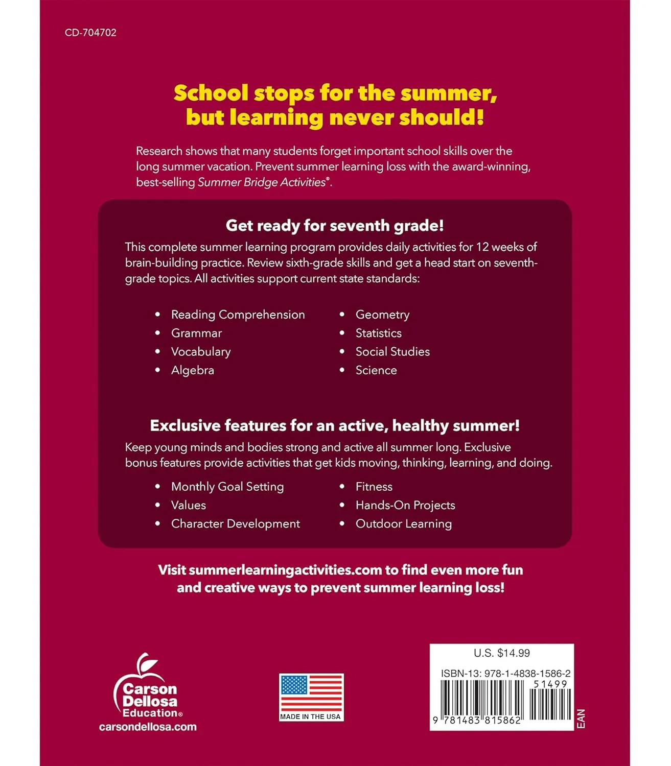 Summer Bridge Activities 6th to 7th Grade Workbooks All Subjects, Middle School Books With Math, Reading Comprehension