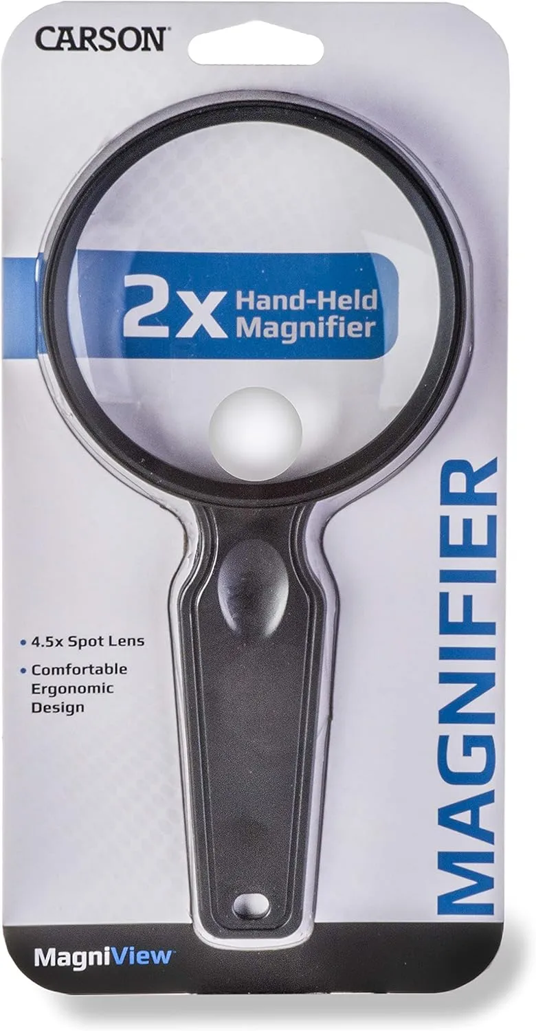 Carson MagniView 2X Power Compact and Lightweight Hand-Held Magnifier with 4.5X Spot Lens for Reading, Hobby, Crafts, Inspection and Low Vision Tasks (DS-36)