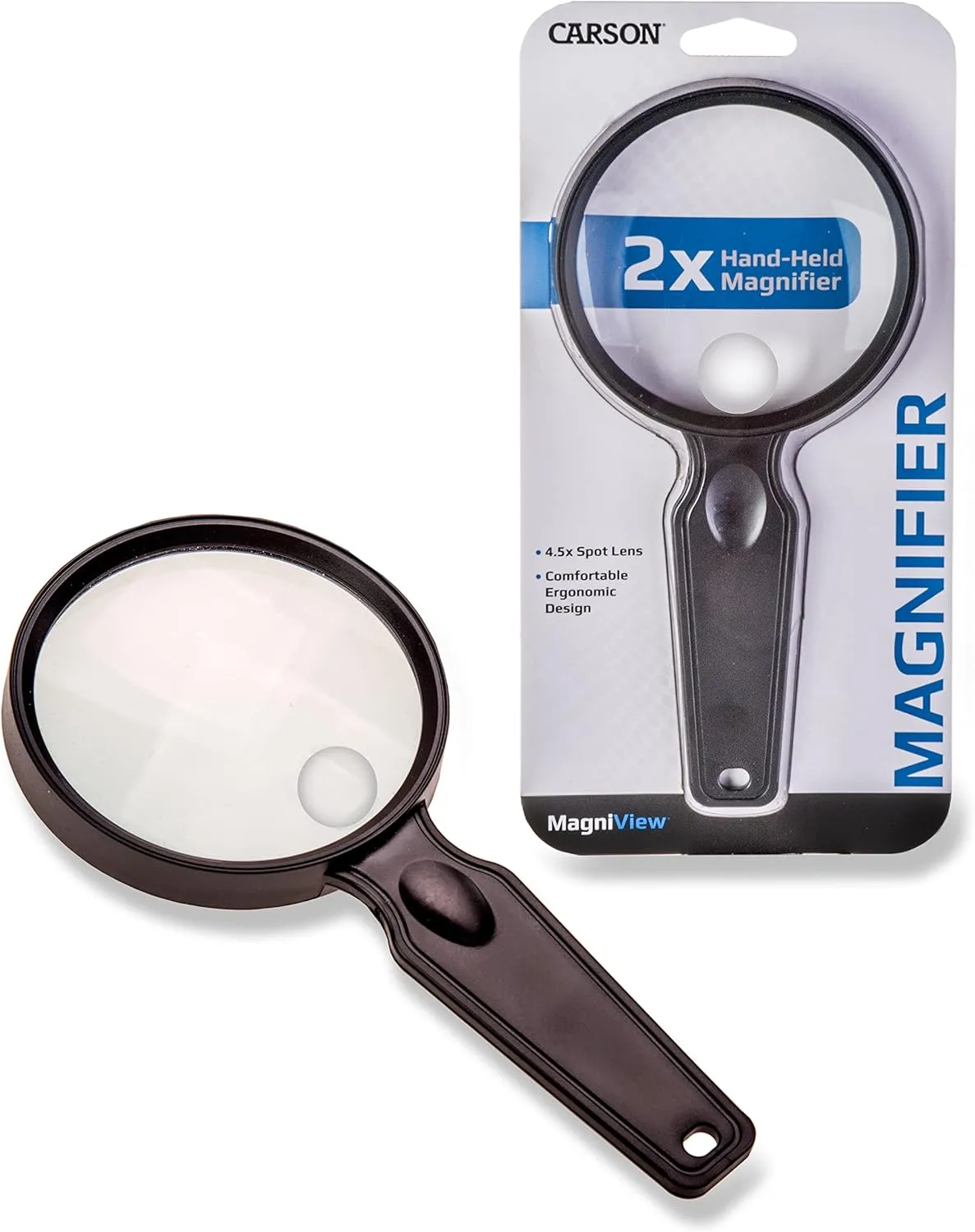 Carson MagniView 2X Power Compact and Lightweight Hand-Held Magnifier with 4.5X Spot Lens for Reading, Hobby, Crafts, Inspection and Low Vision Tasks (DS-36)