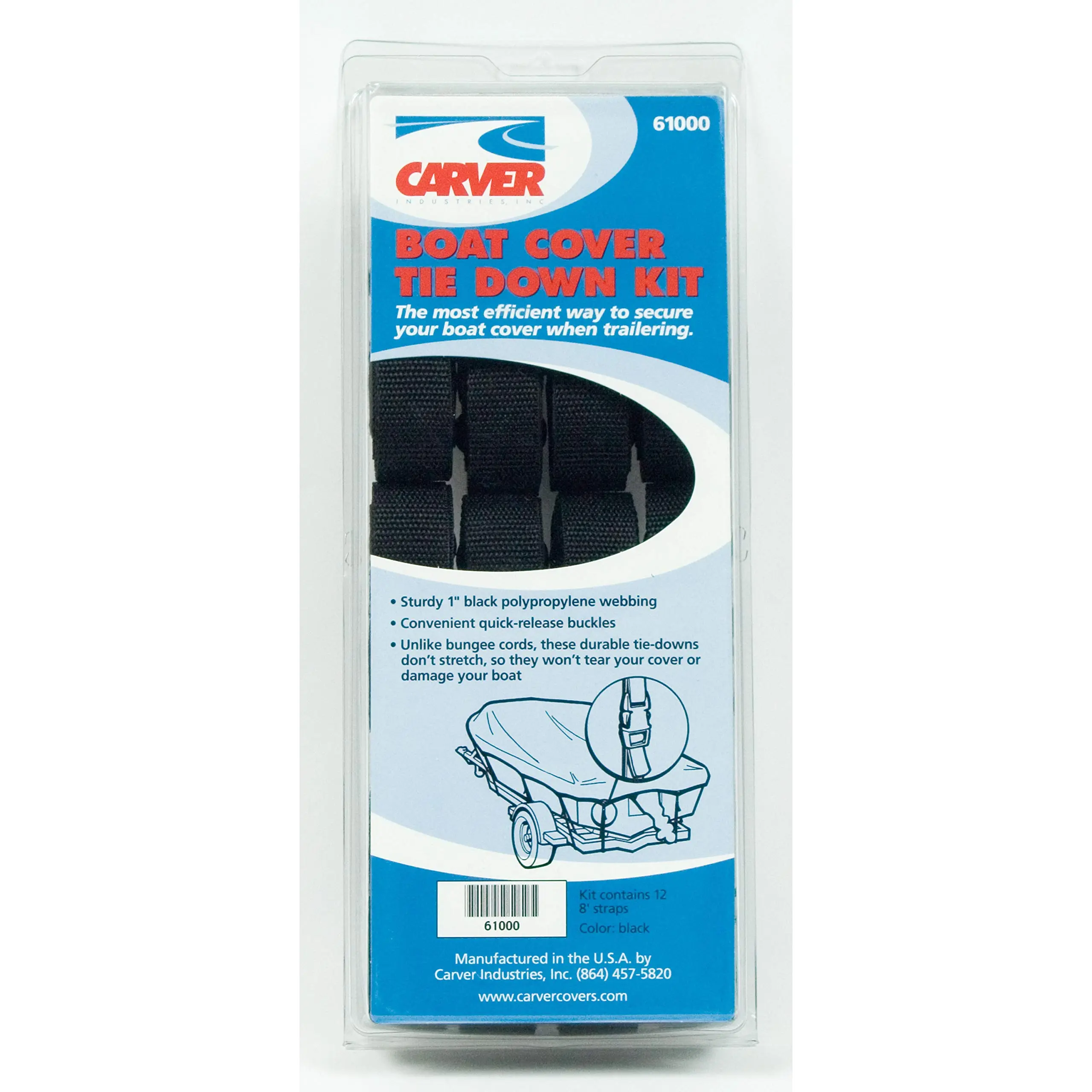 Carver Industries 61000 Boat Cover Tie-Down Kit, Grey, 1" x 8'