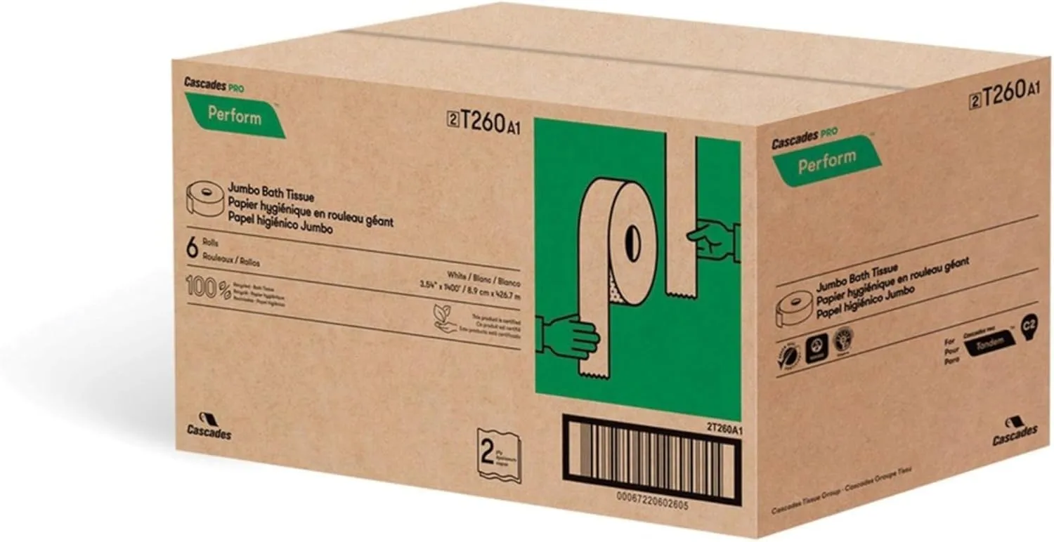 Cascades PRO Perform 100% Recycled Jumbo Toilet Paper, Pack Of 6 Rolls