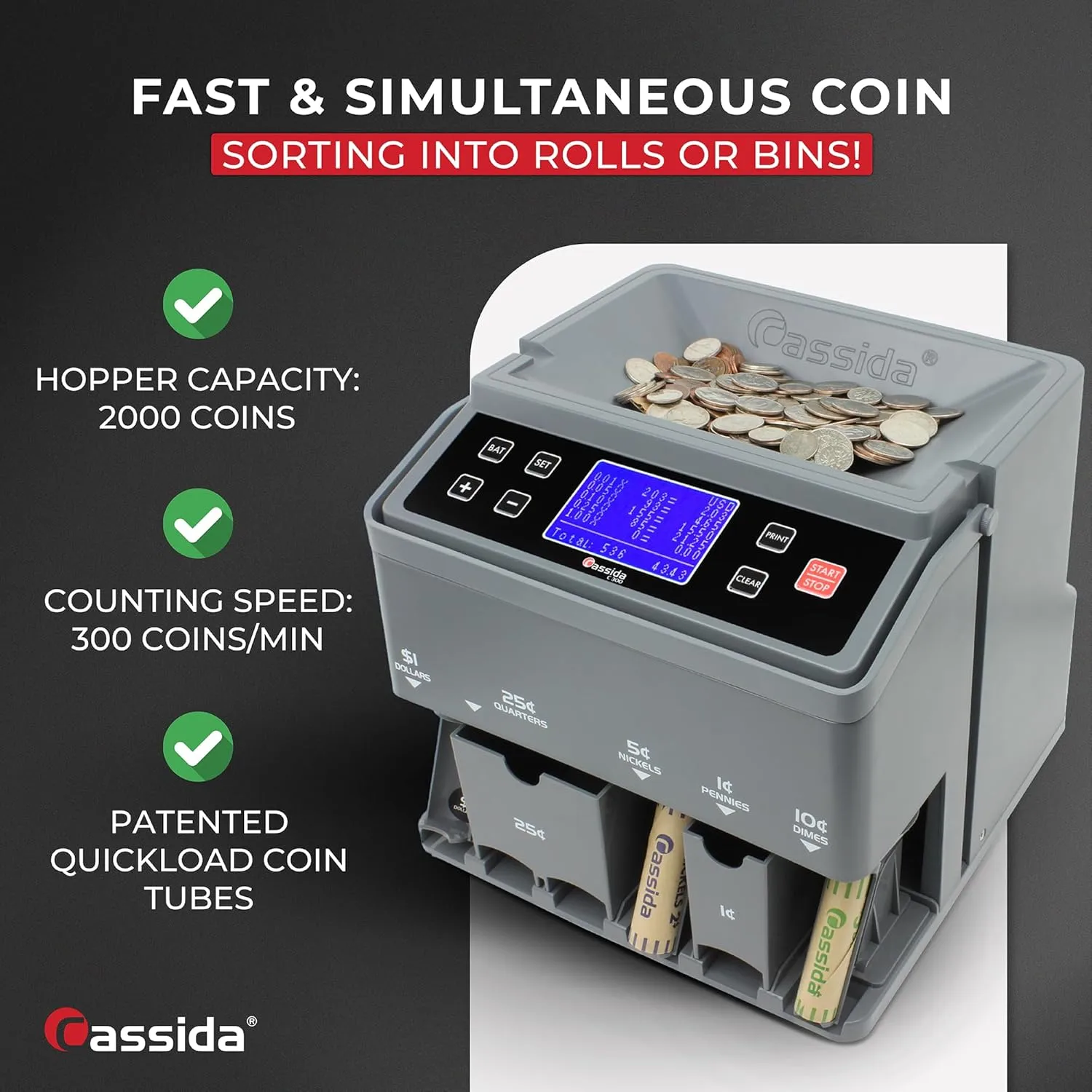 Cassida C300 Professional USD Coin Counter, Sorter and Wrapper/Roller, 300 coins/min, with Quickload and Printing-Compatible