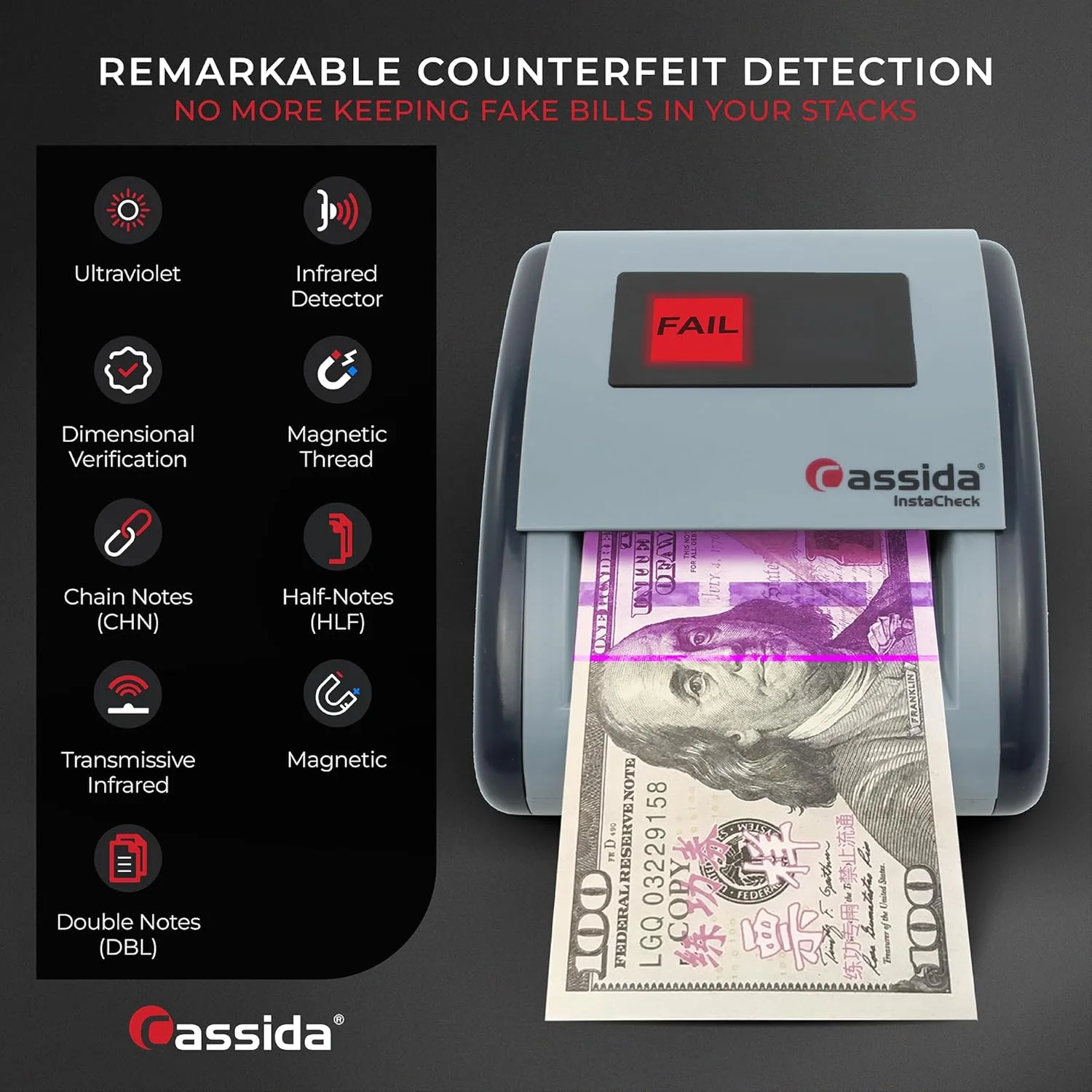 Cassida InstaCheck Small Footprint, Easy to Read Automatic Counterfeit Detector with Infrared