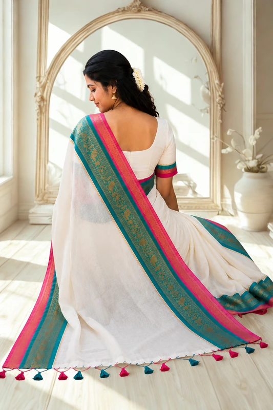 Mul cotton with Kanchi Border White With Pink and Green