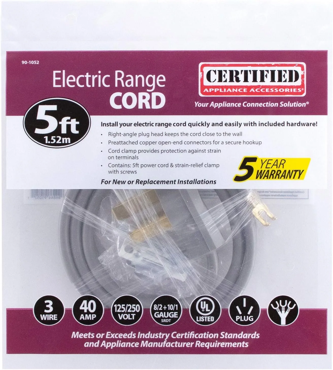 Certified Appliance Accessories 40-Amp Appliance Power Cord, 3 Prong Range Cord, 3 Wires with Open-End Connectors, 5 Feet