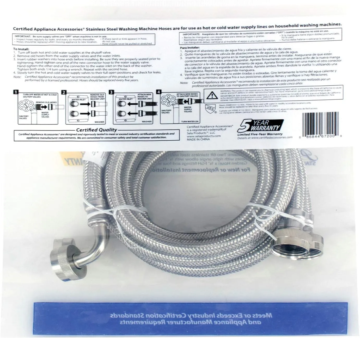 Certified Appliance Accessories Washing Machine Hose with 90 Degree Elbow (2 Pack), Hot and Cold Water Supply Lines, 6 Feet