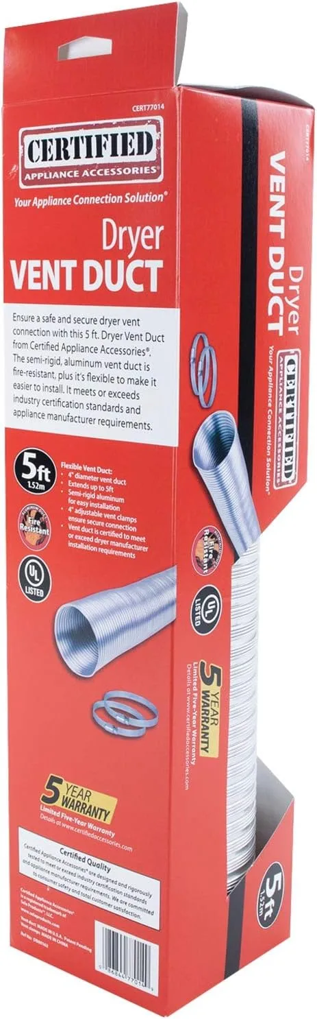 Certified Appliance Accessories CERT77007 Electric Dryer Duct Kit with 5 Foot Vent Duct and 6 Foot 4-Wire 30 Amp Power Cord