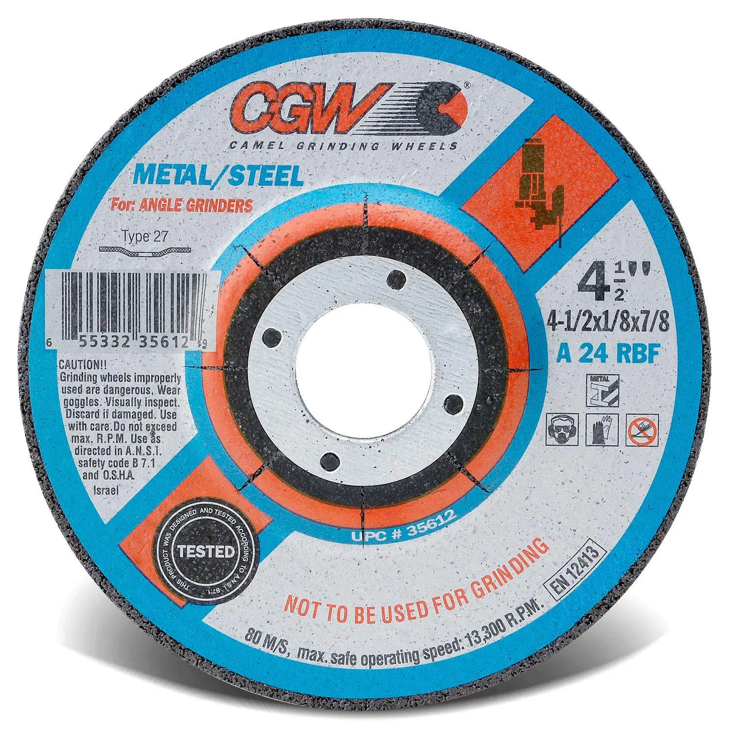 Depressed Center Wheel, 4 1/2 in Dia, 1/8 in Thick, 5/8 in Arbor, Aluminum