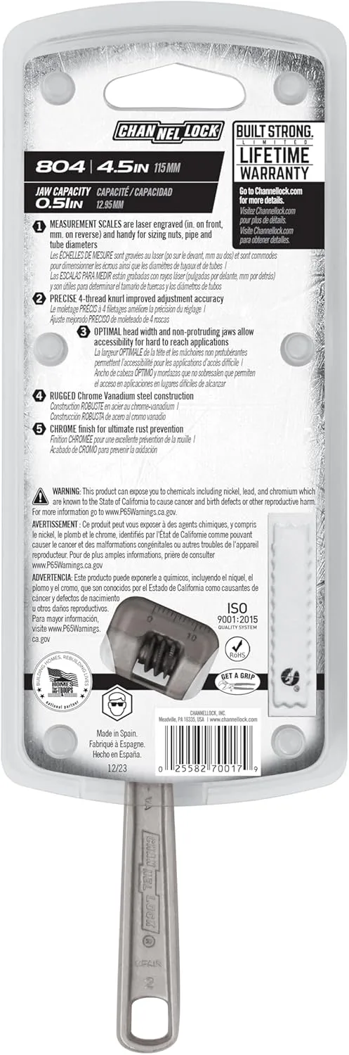 Channellock 804 4.5-Inch Adjustable Wrench, Chrome